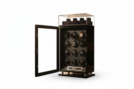 Robert Taylor Watch Winder Mayfair Collection – 12 Slotlu Ultra Sessiz Otomatik Saat Kurma Kabini (+8 Pleksi Muhafaza Alanlı, Siyah & Siyah)