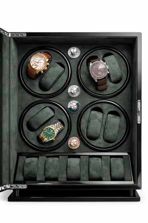 Watch Winder Brooklands Collection – 8 Slotlu Ultra Sessiz Otomatik Saat Kurma Kutusu (+5 Muhafaza Alanlı, Piano Siyah & Alcantara British Green)