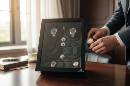 Watch Winder Brooklands Collection – 8 Slotlu Ultra Sessiz Otomatik Saat Kurma Kutusu (+5 Muhafaza Alanlı, Piano Siyah & Alcantara British Green)