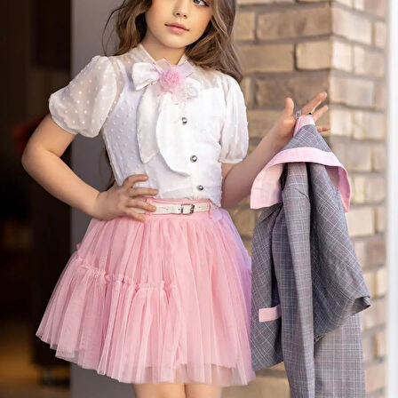 Kız Çocuk 7 Parça Kombin Takım (Ceket, Etek, Gömlek, Badi, Toka, Broş, Kemer) – 3-7 Yaş