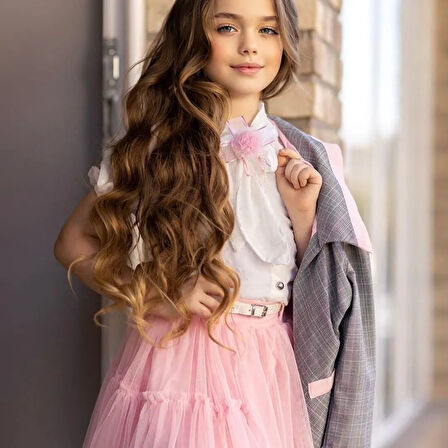 Kız Çocuk 7 Parça Kombin Takım (Ceket, Etek, Gömlek, Badi, Toka, Broş, Kemer) – 3-7 Yaş