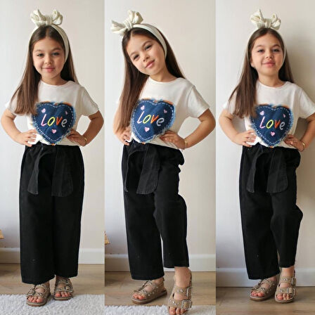 Kız Çocuk Love Baskılı Tişört ve Siyah Pantolon Takım (3-10 Yaş)