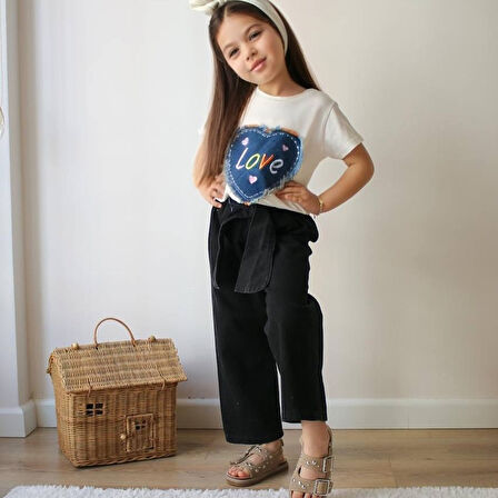 Kız Çocuk Love Baskılı Tişört ve Siyah Pantolon Takım (3-10 Yaş)