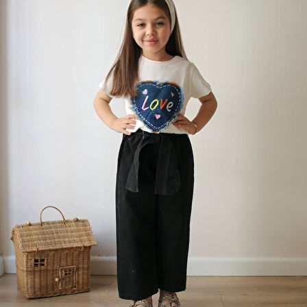 Kız Çocuk Love Baskılı Tişört ve Siyah Pantolon Takım (3-10 Yaş)