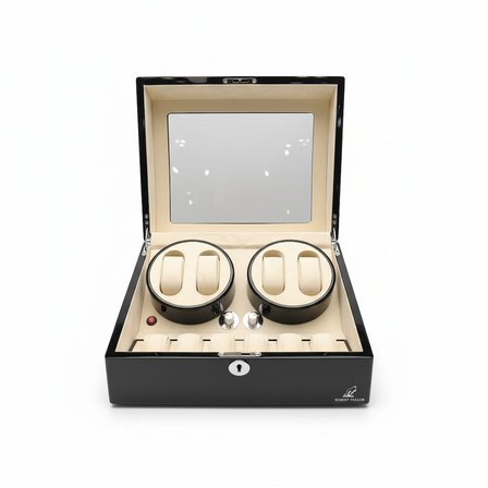 Watch Winder Brooklands Collection 4 Slotlu Ultra Sessiz Otomatik Saat Kurma Kutusu (+6 Muhafaza Alanlı, Piano Siyah & Alcantara Krem)