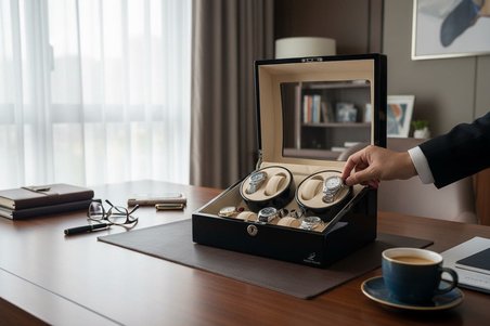 Watch Winder Brooklands Collection 4 Slotlu Ultra Sessiz Otomatik Saat Kurma Kutusu (+6 Muhafaza Alanlı, Piano Siyah & Alcantara Krem)
