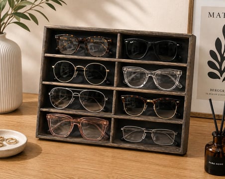 8 Bölmeli Ahşap Gözlük Düzenleyici – 25x35 cm Gözlük Standı ve Organizer