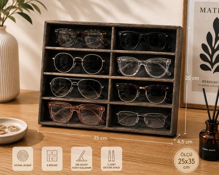 8 Bölmeli Ahşap Gözlük Düzenleyici – 25x35 cm Gözlük Standı ve Organizer