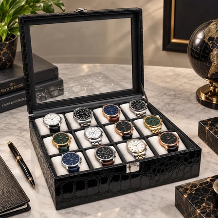 12’li Premium Rugan Saat Koleksiyon Kutusu – Cam Kapaklı Siyah Kroko Desenli