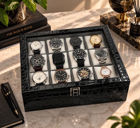12’li Premium Rugan Saat Koleksiyon Kutusu – Cam Kapaklı Siyah Kroko Desenli