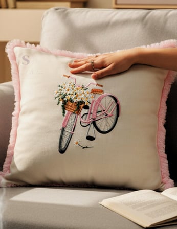 VİNTAGE BİSİKLET NAKIŞLI DUCK KUMAŞ PEMBE PÜSKÜLLÜ YASTIK KILIFI (43 x 43) 1 Adet İÇİ DOLGULU