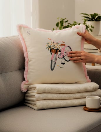 VİNTAGE BİSİKLET NAKIŞLI DUCK KUMAŞ PEMBE PÜSKÜLLÜ YASTIK KILIFI (43 x 43) 1 Adet İÇİ DOLGULU