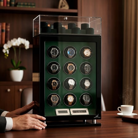 Mayfair Collection – 12 Slotlu Ultra Sessiz Otomatik Saat Kurma Kabini (+8 Pleksi Muhafazalı, Siyah & Yeşil)