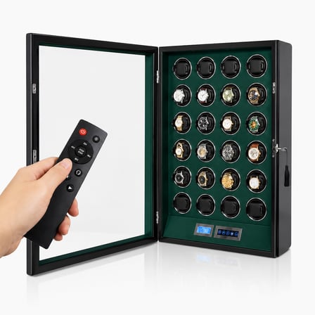 Watch Winder Regent Collection – 24 Slotlu Ultra Sessiz Otomatik Saat Kurma Kabini (Uzaktan Kumandalı & LED'li, Siyah & Yeşil)