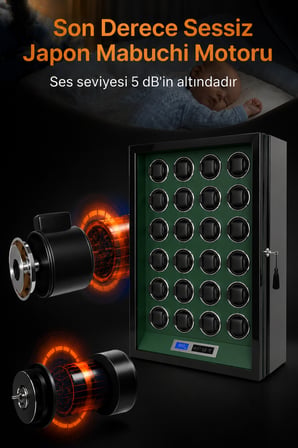 Watch Winder Regent Collection – 24 Slotlu Ultra Sessiz Otomatik Saat Kurma Kabini (Uzaktan Kumandalı & LED'li, Siyah & Yeşil)