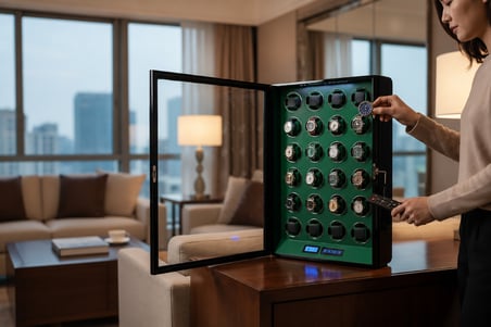 Watch Winder Regent Collection – 24 Slotlu Ultra Sessiz Otomatik Saat Kurma Kabini (Uzaktan Kumandalı & LED'li, Siyah & Yeşil)