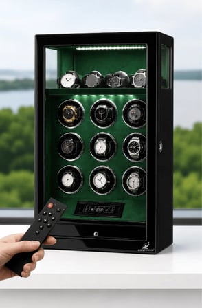 Winder Greenwich Collection – 9 Slotlu Ultra Sessiz Otomatik Saat Kurma Kabini (+4 Saatlik Üst Muhafaza Alanlı, Çekmeceli, Siyah & Yeşil)