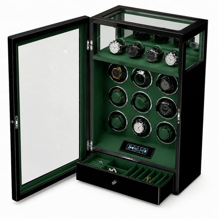 Winder Greenwich Collection – 9 Slotlu Ultra Sessiz Otomatik Saat Kurma Kabini (+4 Saatlik Üst Muhafaza Alanlı, Çekmeceli, Siyah & Yeşil)