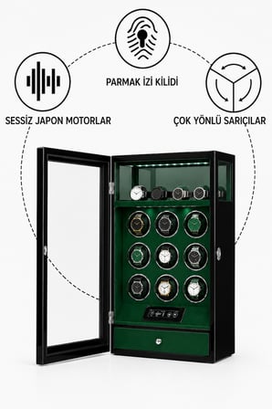 Winder Greenwich Collection – 9 Slotlu Ultra Sessiz Otomatik Saat Kurma Kabini (+4 Saatlik Üst Muhafaza Alanlı, Çekmeceli, Siyah & Yeşil)