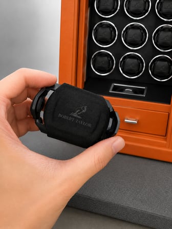 Watch Winder Buckingham Collection | 12 Slotlu Ziynet Çekmeceli Güvenlik Kasası | Parmak İzi, Şifre ve Anahtar Kontrollü | Yanmaz Çelik Kasa | Turuncu / Alcantara Siyah