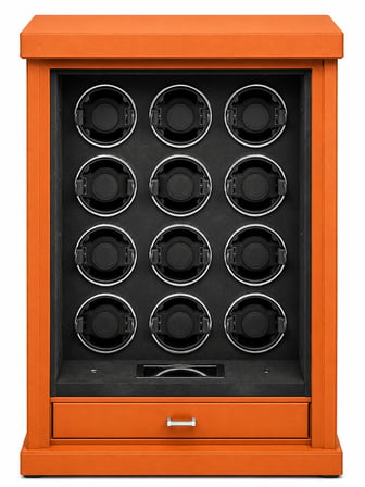 Watch Winder Buckingham Collection | 12 Slotlu Ziynet Çekmeceli Güvenlik Kasası | Parmak İzi, Şifre ve Anahtar Kontrollü | Yanmaz Çelik Kasa | Turuncu / Alcantara Siyah