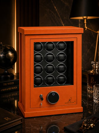 Watch Winder Buckingham Collection | 12 Slotlu Ziynet Çekmeceli Güvenlik Kasası | Parmak İzi, Şifre ve Anahtar Kontrollü | Yanmaz Çelik Kasa | Turuncu / Alcantara Siyah