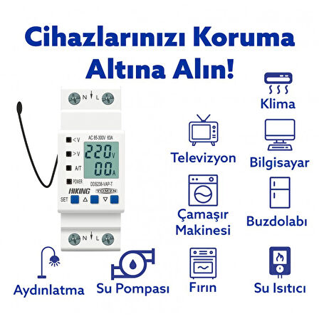 Tomzn Hiking Sıcaklık Korumalı Voltaj ve Akım Koruma Rölesi 63A Dahili Kontaktör Elektrik Bekçisi