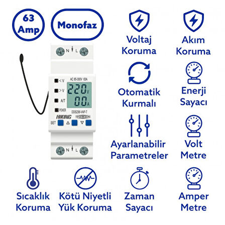 Tomzn Hiking Sıcaklık Korumalı Voltaj ve Akım Koruma Rölesi 63A Dahili Kontaktör Elektrik Bekçisi