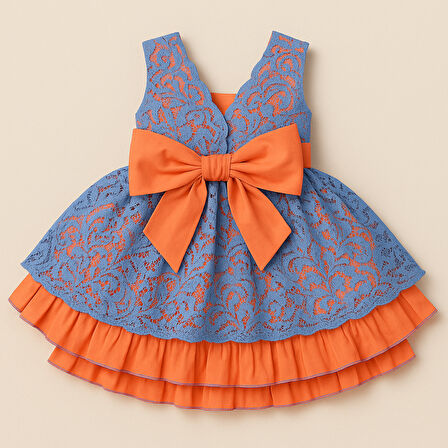Kız Çocuk Dantel Fiyonk Detaylı Elbise – Mavi & Turuncu (1 - 6 Yaş )