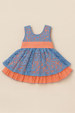 Kız Çocuk Dantel Fiyonk Detaylı Elbise – Mavi & Turuncu (1 - 6 Yaş )