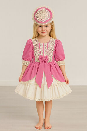 Pembe Dantelli Fiyonk Detaylı Kız Çocuk Elbise & Tokalı Takım