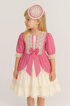 Pembe Dantelli Fiyonk Detaylı Kız Çocuk Elbise & Tokalı Takım