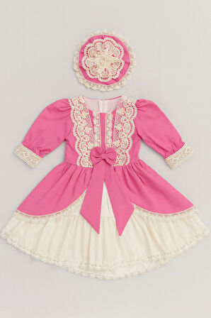 Pembe Dantelli Fiyonk Detaylı Kız Çocuk Elbise & Tokalı Takım