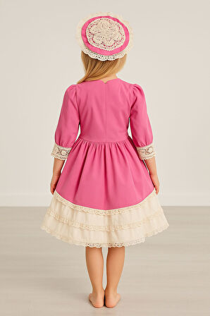 Pembe Dantelli Fiyonk Detaylı Kız Çocuk Elbise & Tokalı Takım