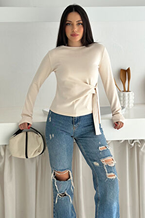 Kadın Belden Bağlamalı Uzun Kollu Bluz – Minimal & Şehirli Stil