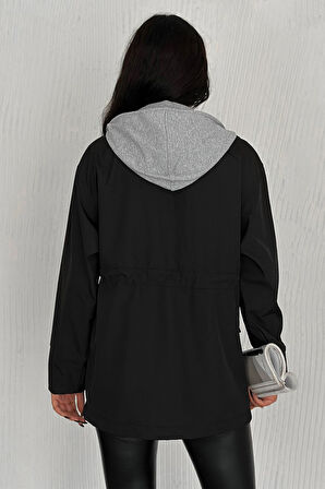 Kadın Kapüşonlu Kuşaklı Çıtçıt & Fermuar Detaylı Trenç Ceket – Fonksiyonel & Şehirli Stil