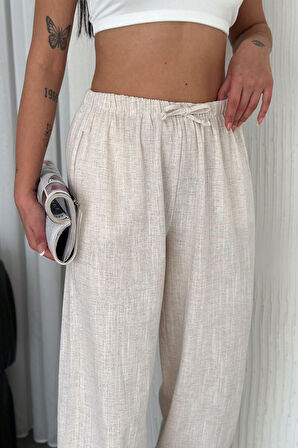 Kadın Keten Bel Lastikli Bol Pantolon – Doğal & Konforlu Stil
