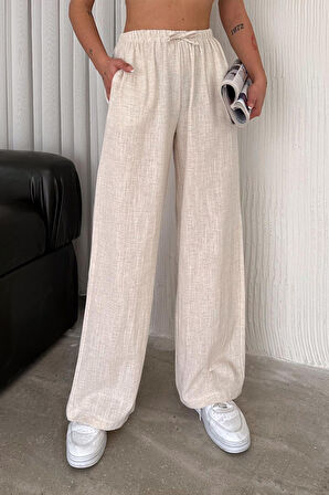 Kadın Keten Bel Lastikli Bol Pantolon – Doğal & Konforlu Stil