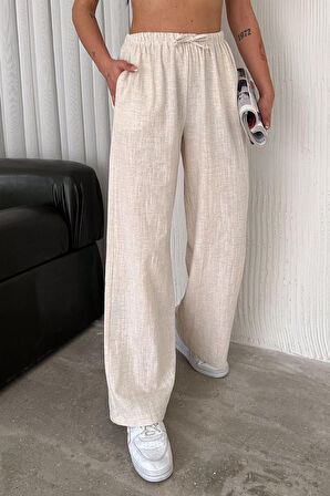 Kadın Keten Bel Lastikli Bol Pantolon – Doğal & Konforlu Stil