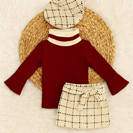 Kokoş Şapka Etek Şanel Kumaş ve Kaskorse Bluz 3’lü Set