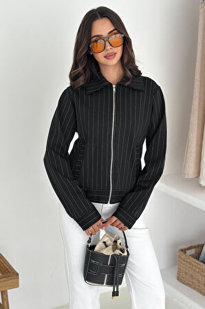 Kadın Metal Fermuarlı Çizgili Ceket – Şehirli & Zamansız Stil