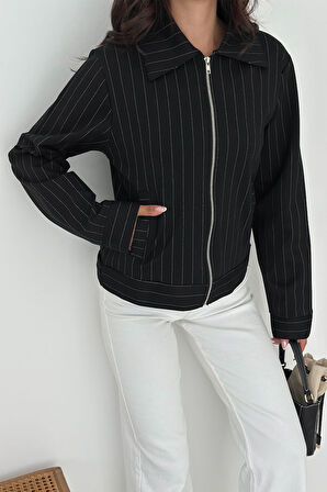 Kadın Metal Fermuarlı Çizgili Ceket – Şehirli & Zamansız Stil