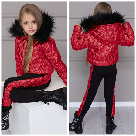 Kız Çocuk Kapitone Mont & Şeritli Eşofman 2’li Takım – 2/12 Yaş