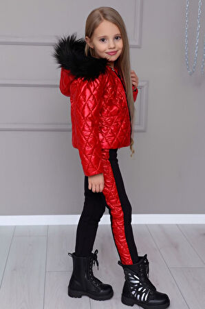 Kız Çocuk Kapitone Mont & Şeritli Eşofman 2’li Takım – 2/12 Yaş