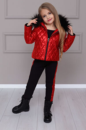 Kız Çocuk Kapitone Mont & Şeritli Eşofman 2’li Takım – 2/12 Yaş