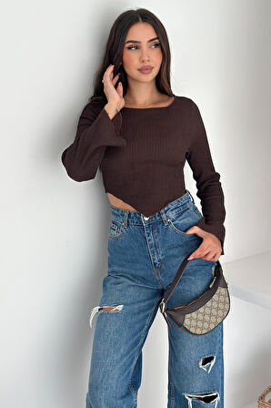 İspanyol Kol Ribanalı Sivri Etek Uçlu Crop Bluz – Modern & Vücuda Oturan Stil