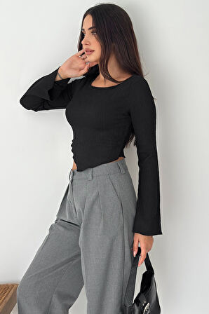 İspanyol Kol Ribanalı Sivri Etek Uçlu Crop Bluz – Modern & Vücuda Oturan Stil