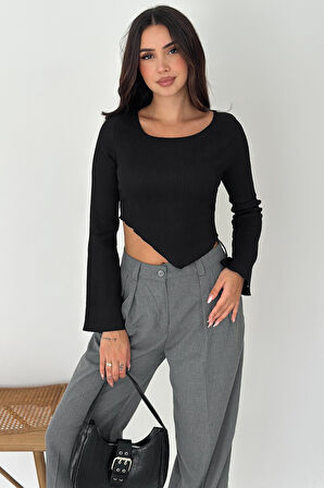 İspanyol Kol Ribanalı Sivri Etek Uçlu Crop Bluz – Modern & Vücuda Oturan Stil