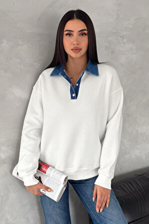 Kadın Denim Yakalı Sweatshirt – Sportif & Şehirli Konfor