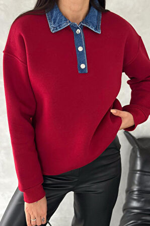 Kadın Denim Yakalı Sweatshirt – Sportif & Şehirli Konfor